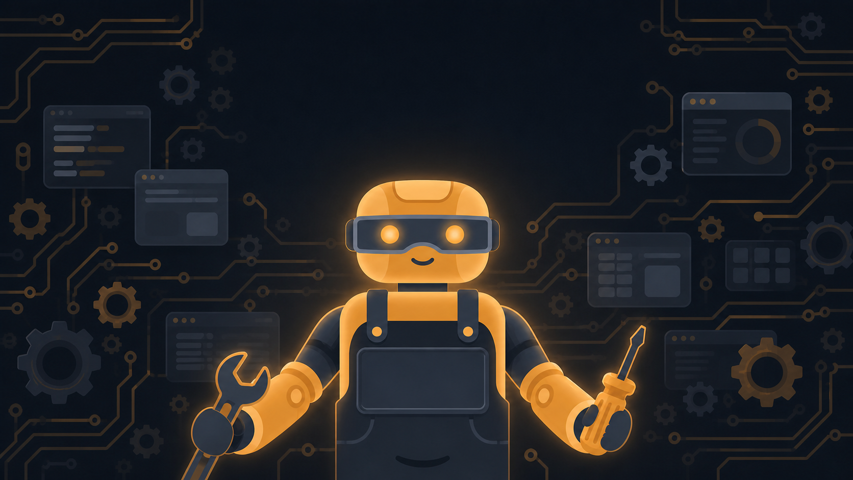 The HanDI handyman: a friendly amber robot in work overalls holding a wrench, surrounded by floating browser windows, one cracked and being repaired.