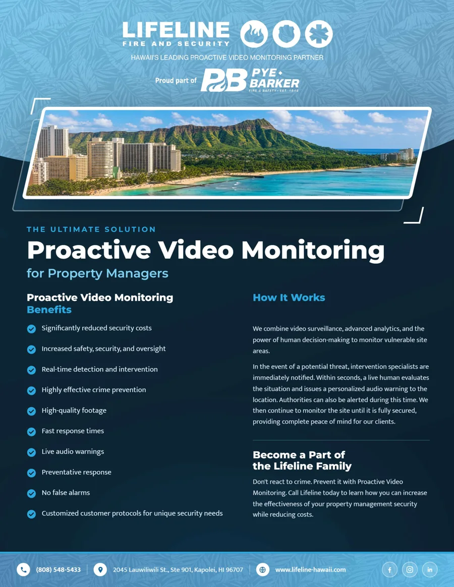 Lifeline flier: Proactive Video Monitoring for Property Managers, with a Diamond Head photo and a list of benefits.