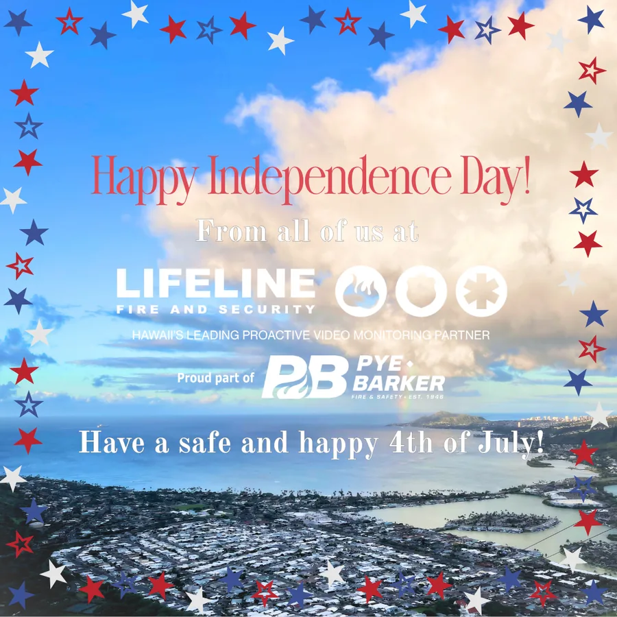 Fourth of July post with a star border, the Lifeline and Pye-Barker logos and an aerial view of Hawaii Kai.