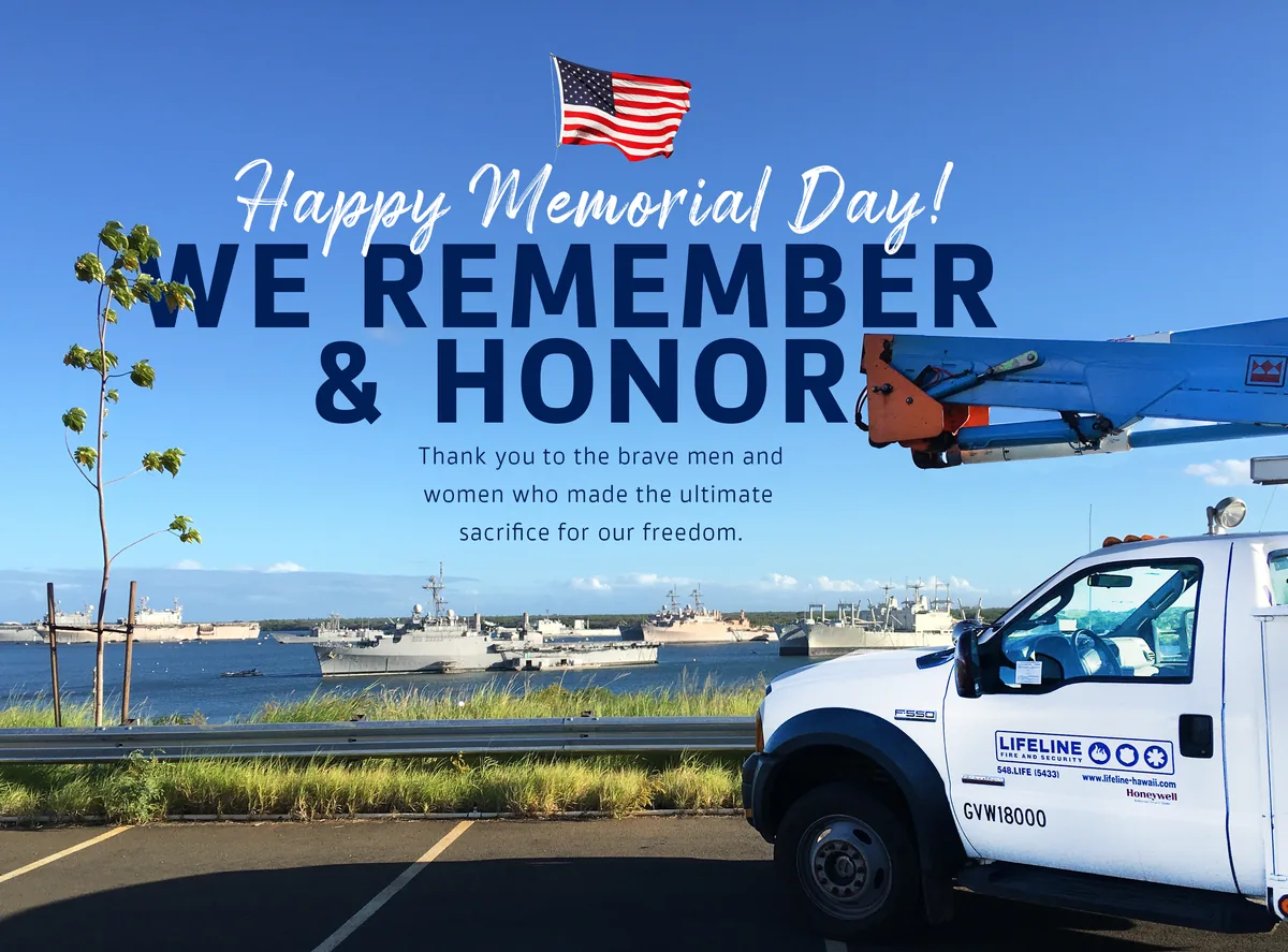 Memorial Day graphic with a Lifeline truck in front of ships at Pearl Harbor.