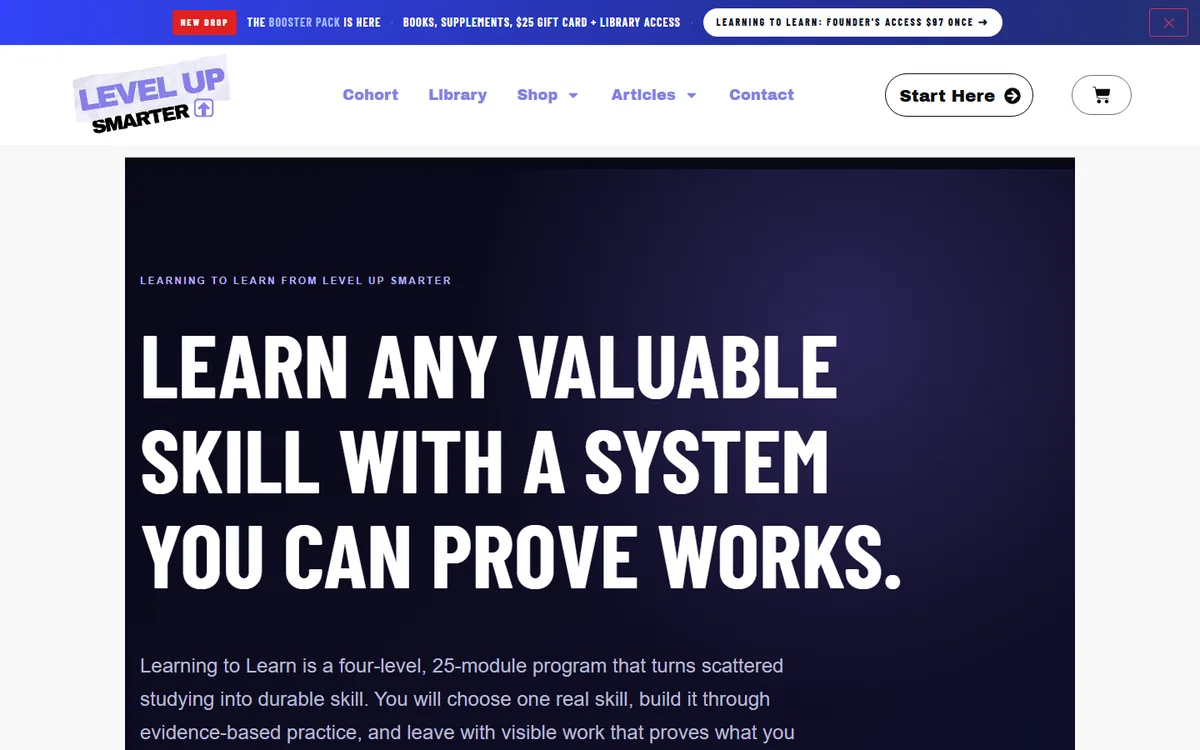 The Level Up Smarter course page: Learn any valuable skill with a system you can prove works.