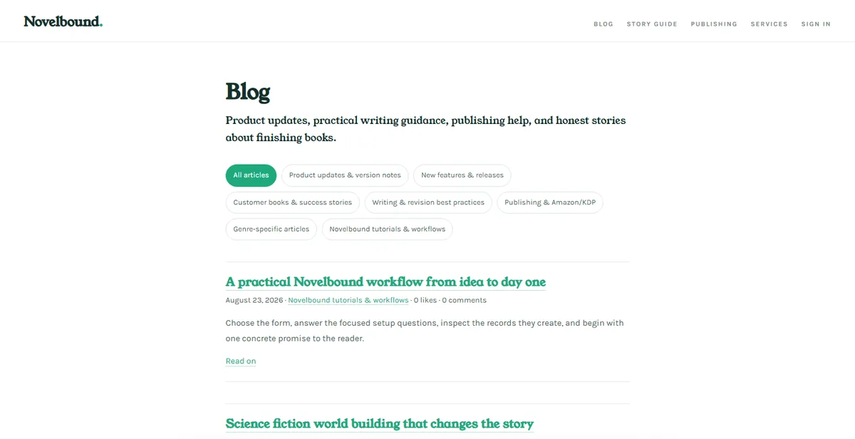 The Novelbound blog with category filters and recent articles.