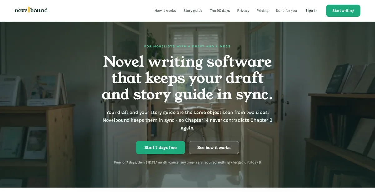 The Novelbound homepage: Novel writing software that keeps your draft and story guide in sync.