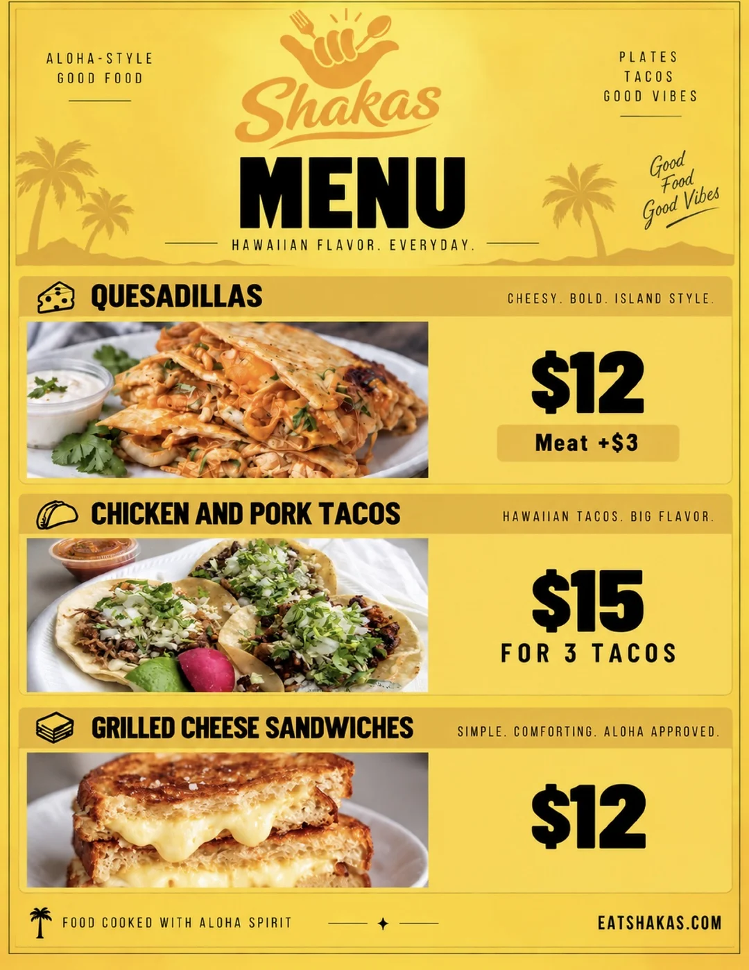 Bright yellow Shaka's print menu with food photos and prices.