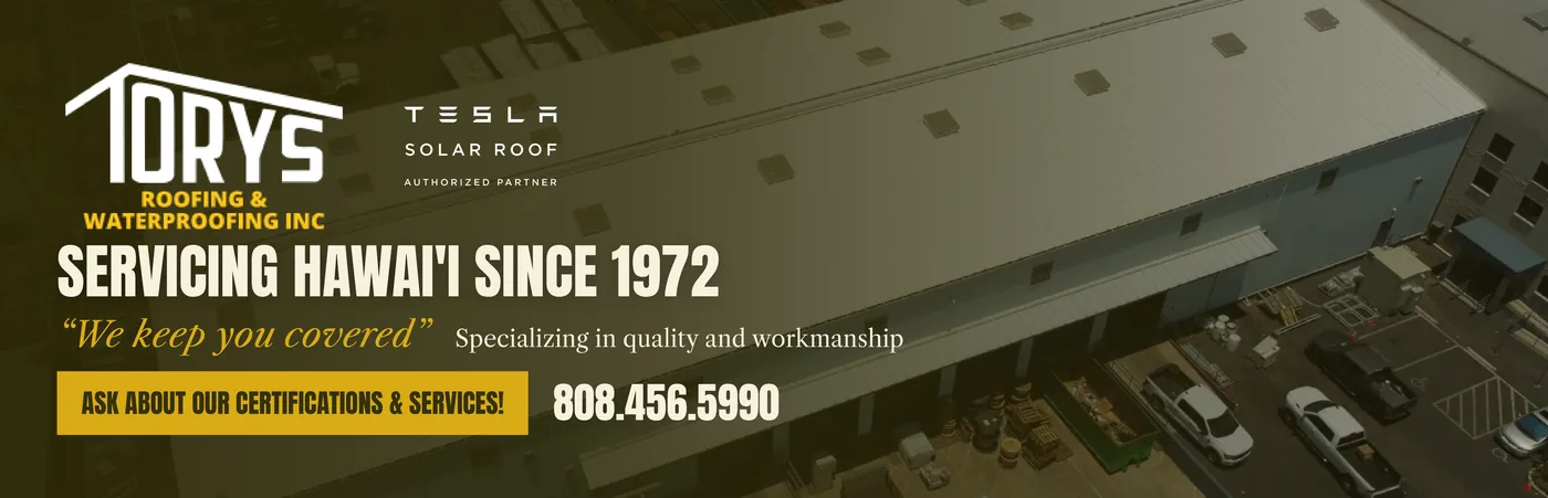Wide Tory's Roofing banner with the Tory's logo beside the Tesla Solar Roof Authorized Partner mark.