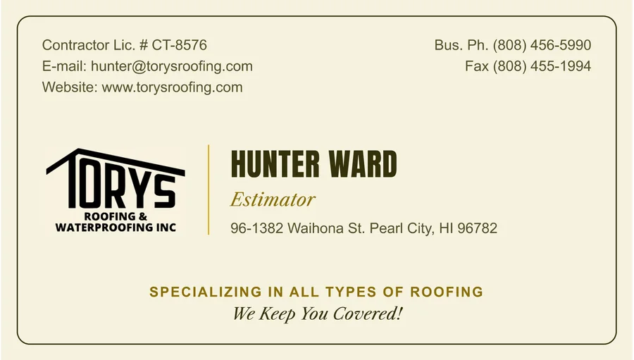 Front of a Tory's Roofing business card for an estimator.