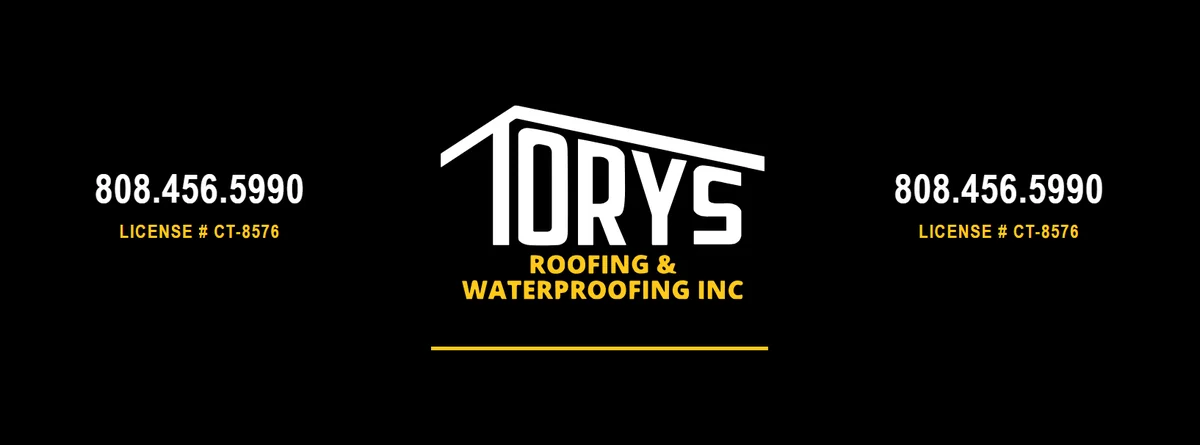 Tory's Roofing tumbler wrap artwork in white and gold on black.